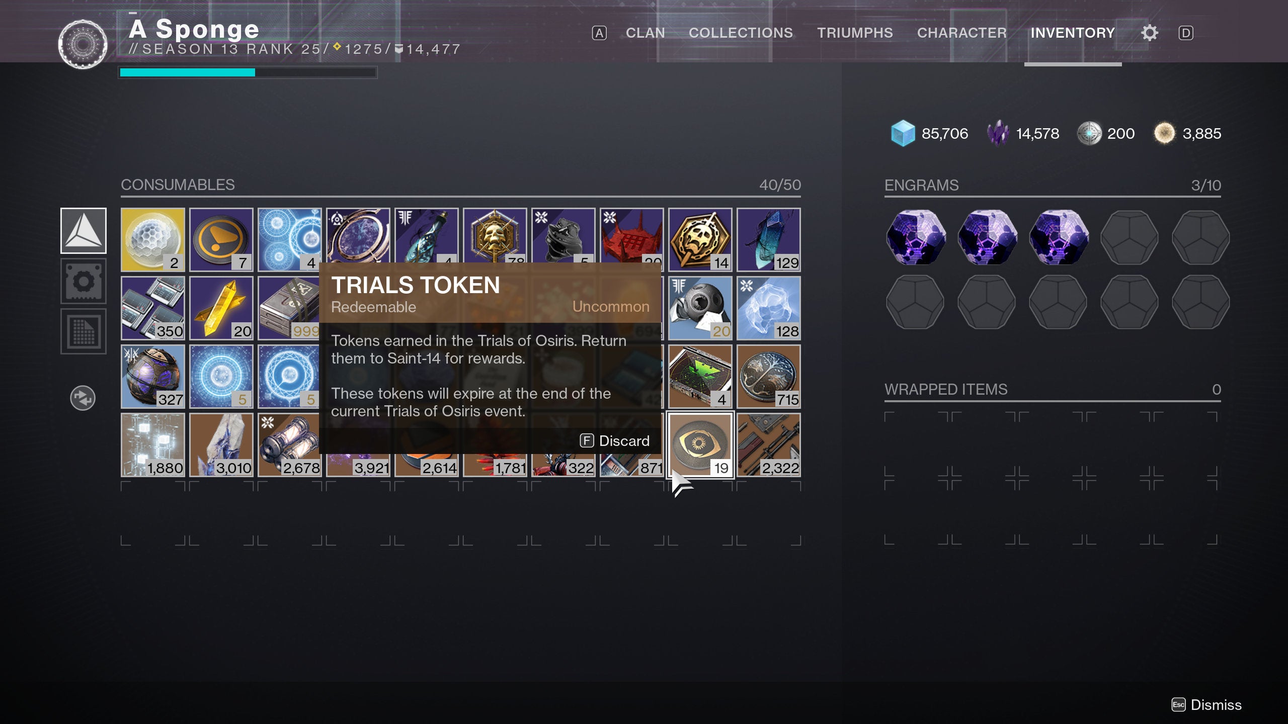 A Destiny 2 inventory screenshot highlighting 19 Trials Of Osiris tokens.