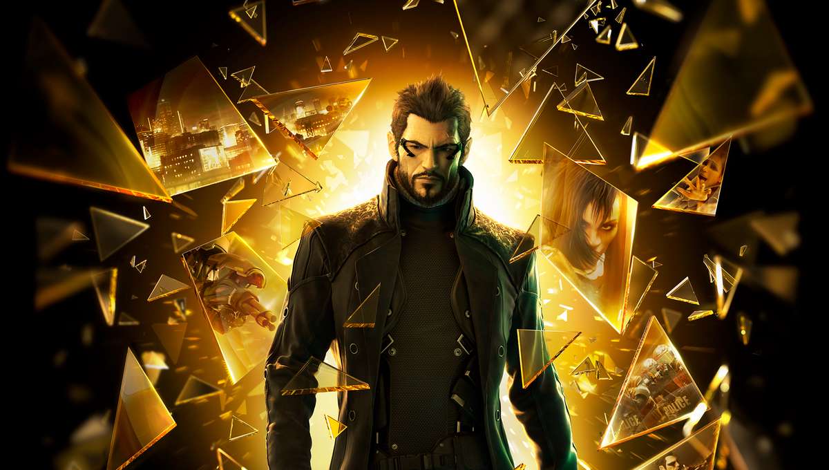Adam Jensen surrounded by shards of glass in Deus Ex: Human Revolution artwork.