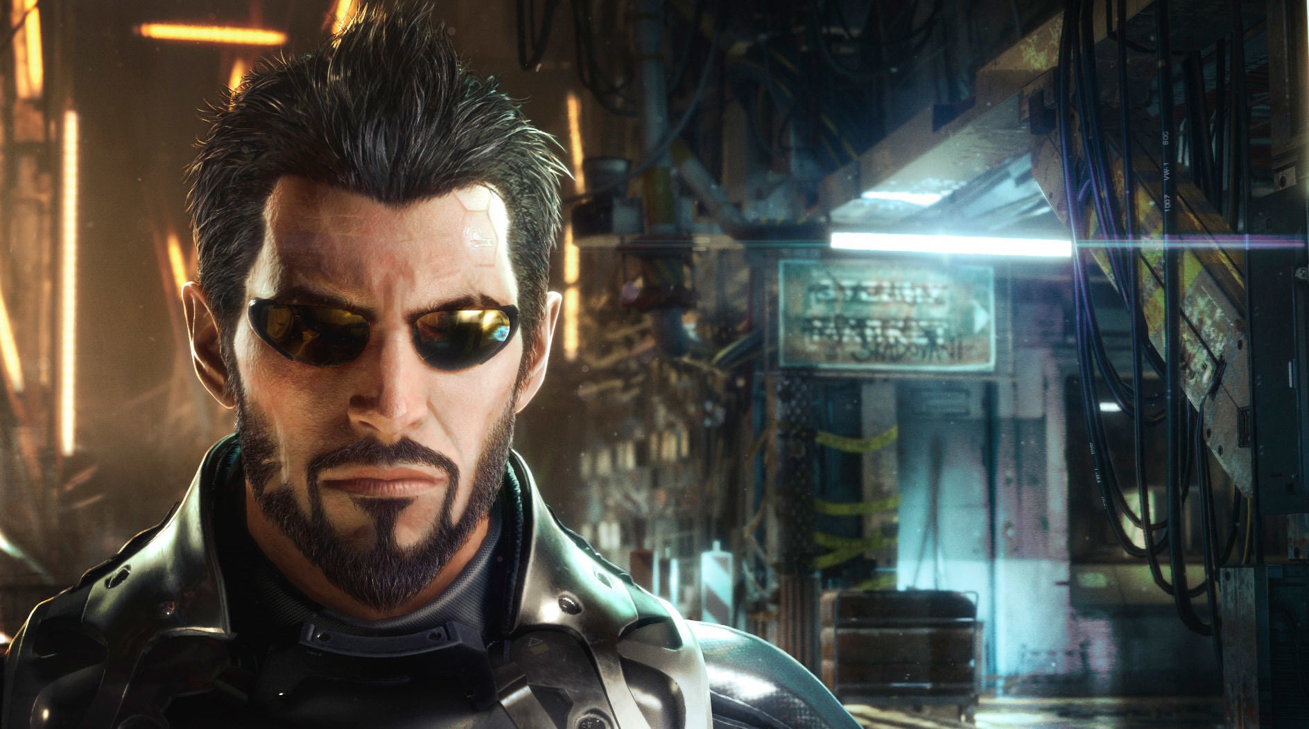 Adam Jensen poses in a Deus Ex: Mankind Divded screenshot.