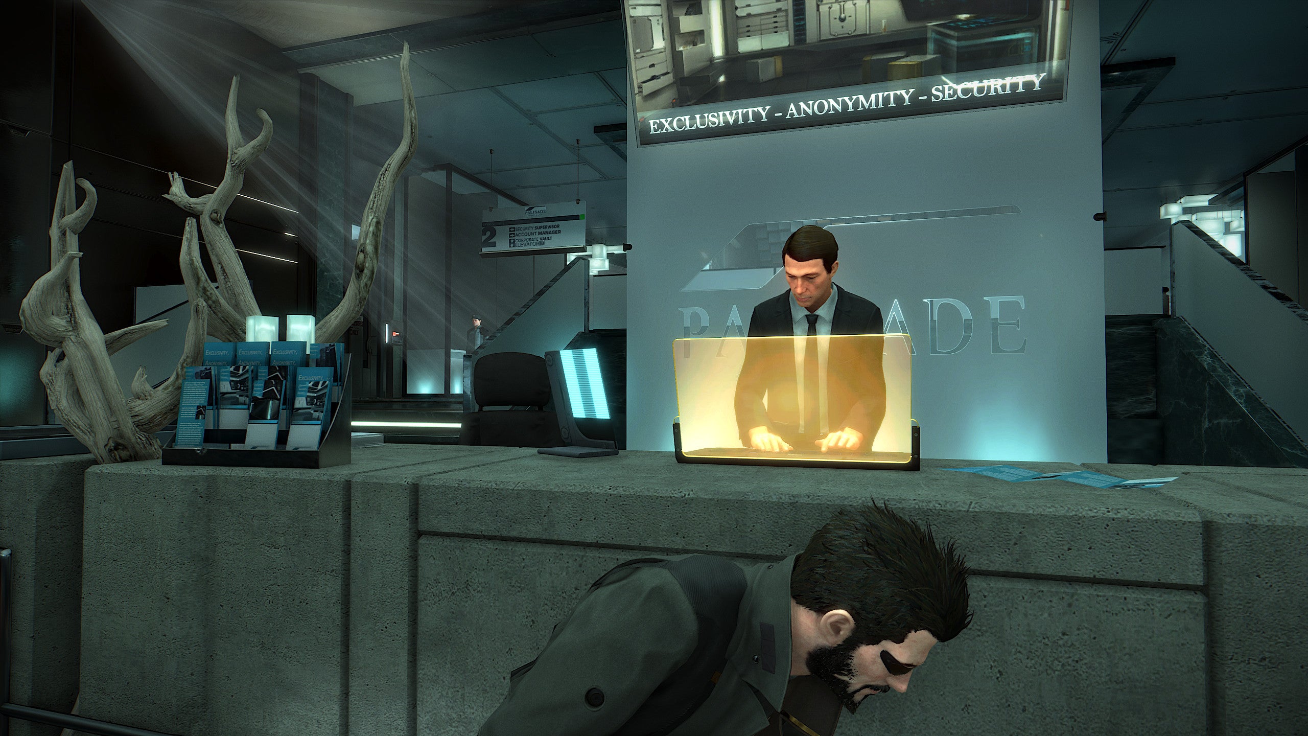 Adam Jensen stealthily robbing a bank in a Deus Ex: Mankind Divided screenshot.