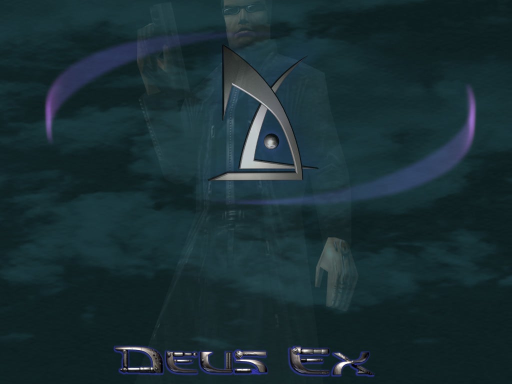 JC Denton poses in vintage Deus Ex wallpaper.