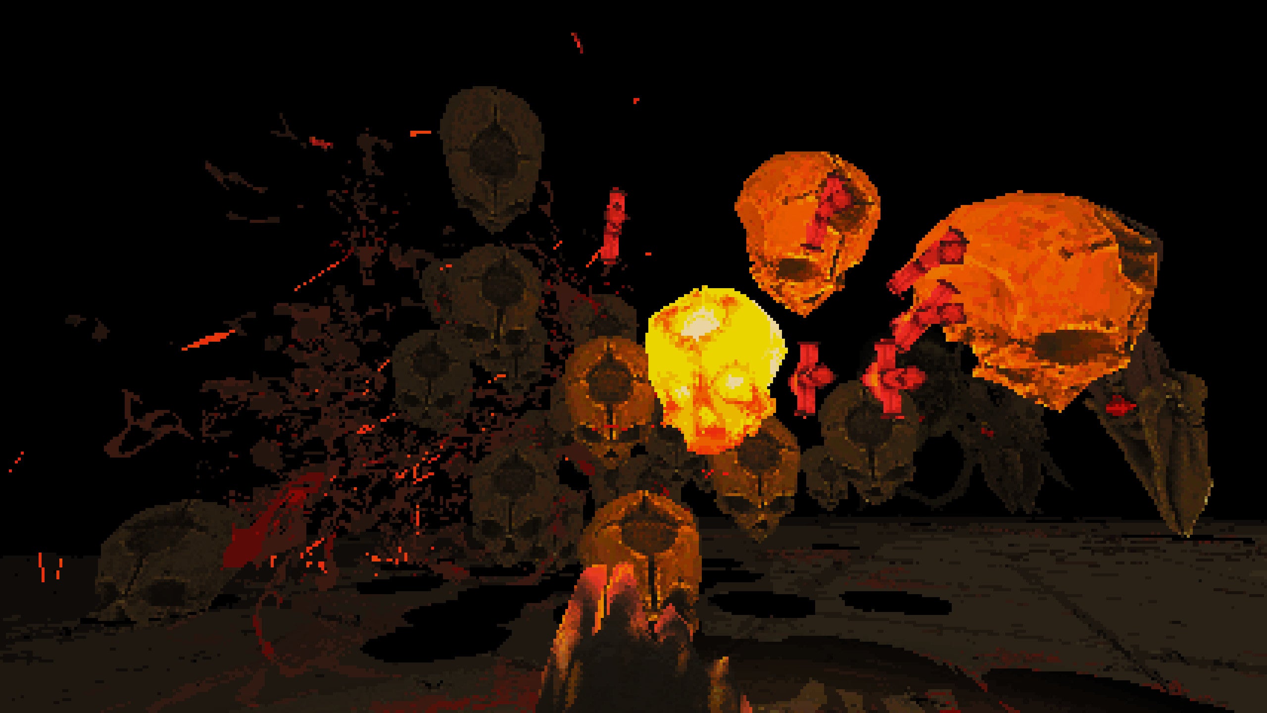 A screenshot of Devil Daggers, showing skulls rushing towards the player's first-person perspective, some glowing, some bursting.