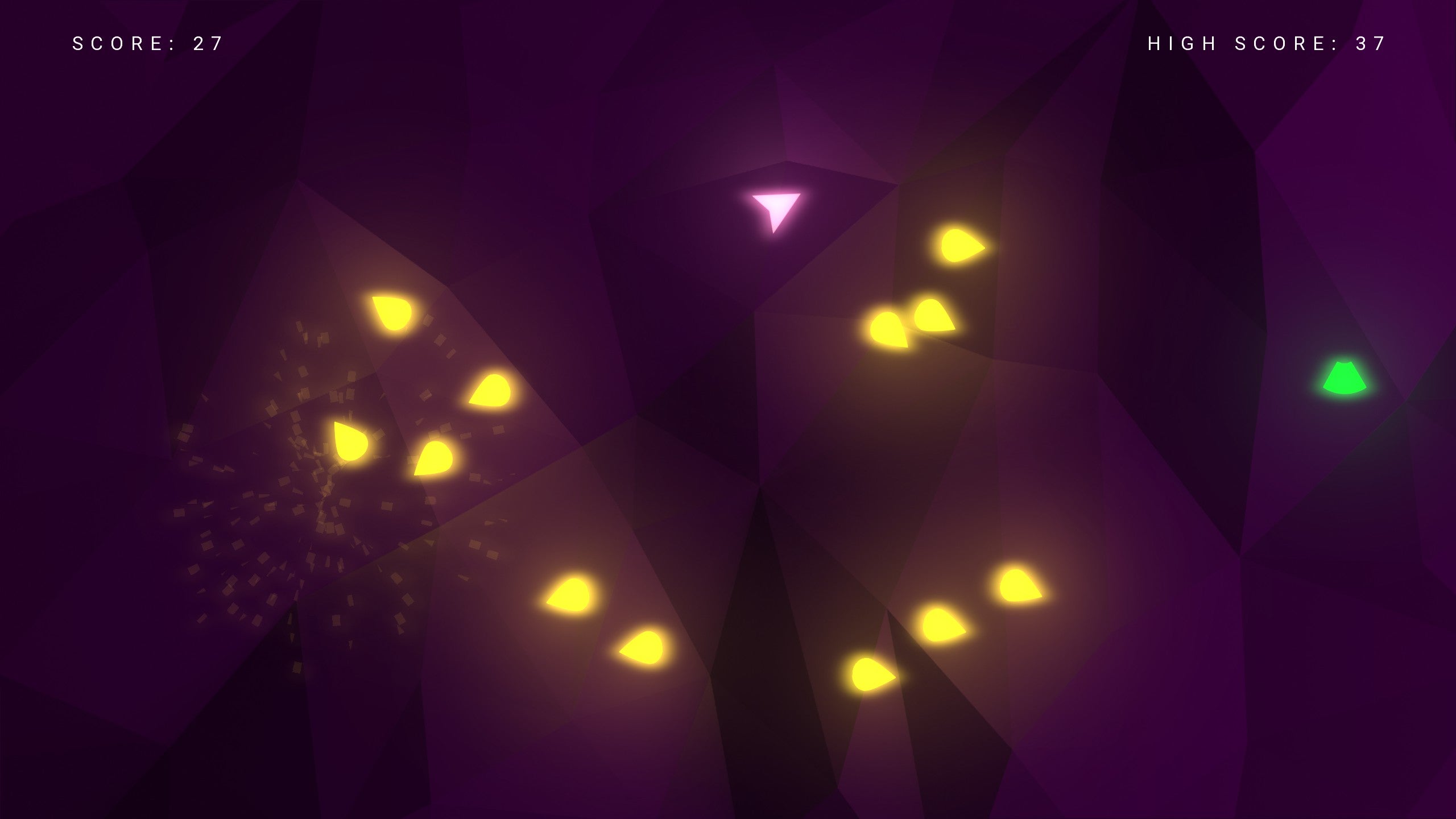 A small pink, arrow-shaped ship flies through a sea of glowing yellow enemies in Dextram