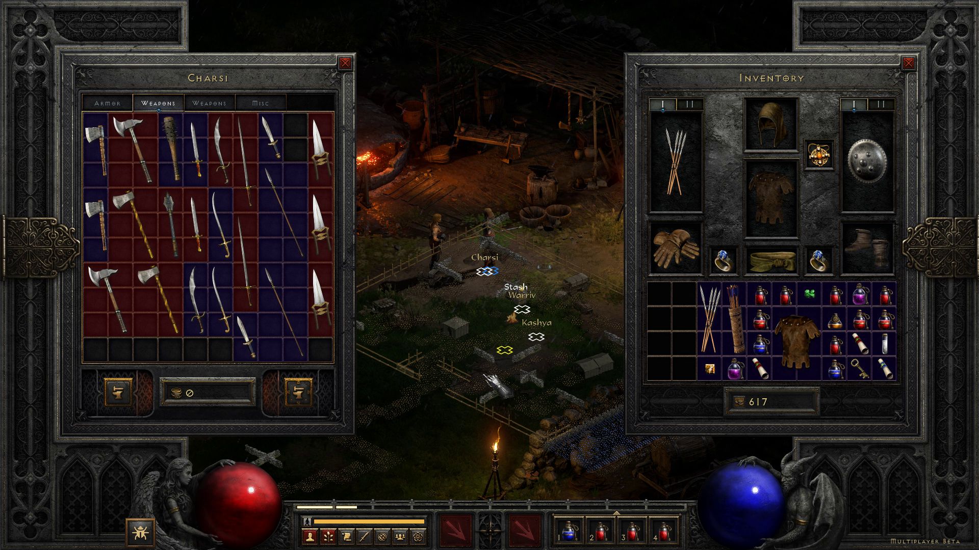 A screenshot from the open beta of Diablo II: Resurrected showing the very small inventory next to an NPCs shop inventory. Both are full of weapons taking up a lot of space