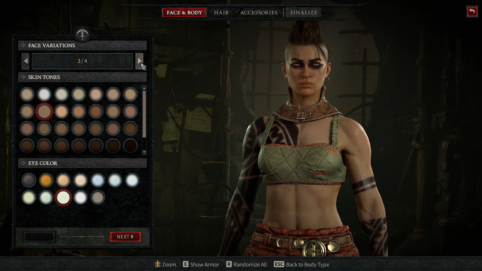 Diablo 4'ün beta sürümündeki karakter oluşturma ekranı, büyük bir tutkulu barbar kadını gösteriyor