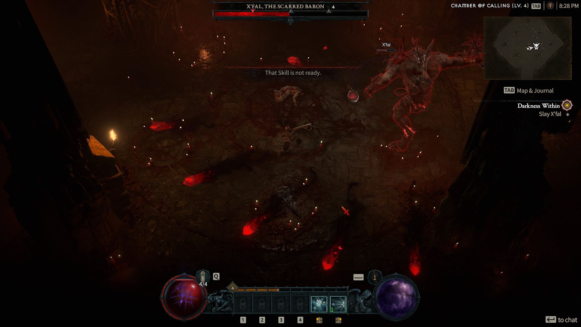 Diablo 4 beta'da bir yer altı mağarasında X'fal The Scarred Baron adlı devasa bir iblis yaratığa karşı bir boss dövüşü