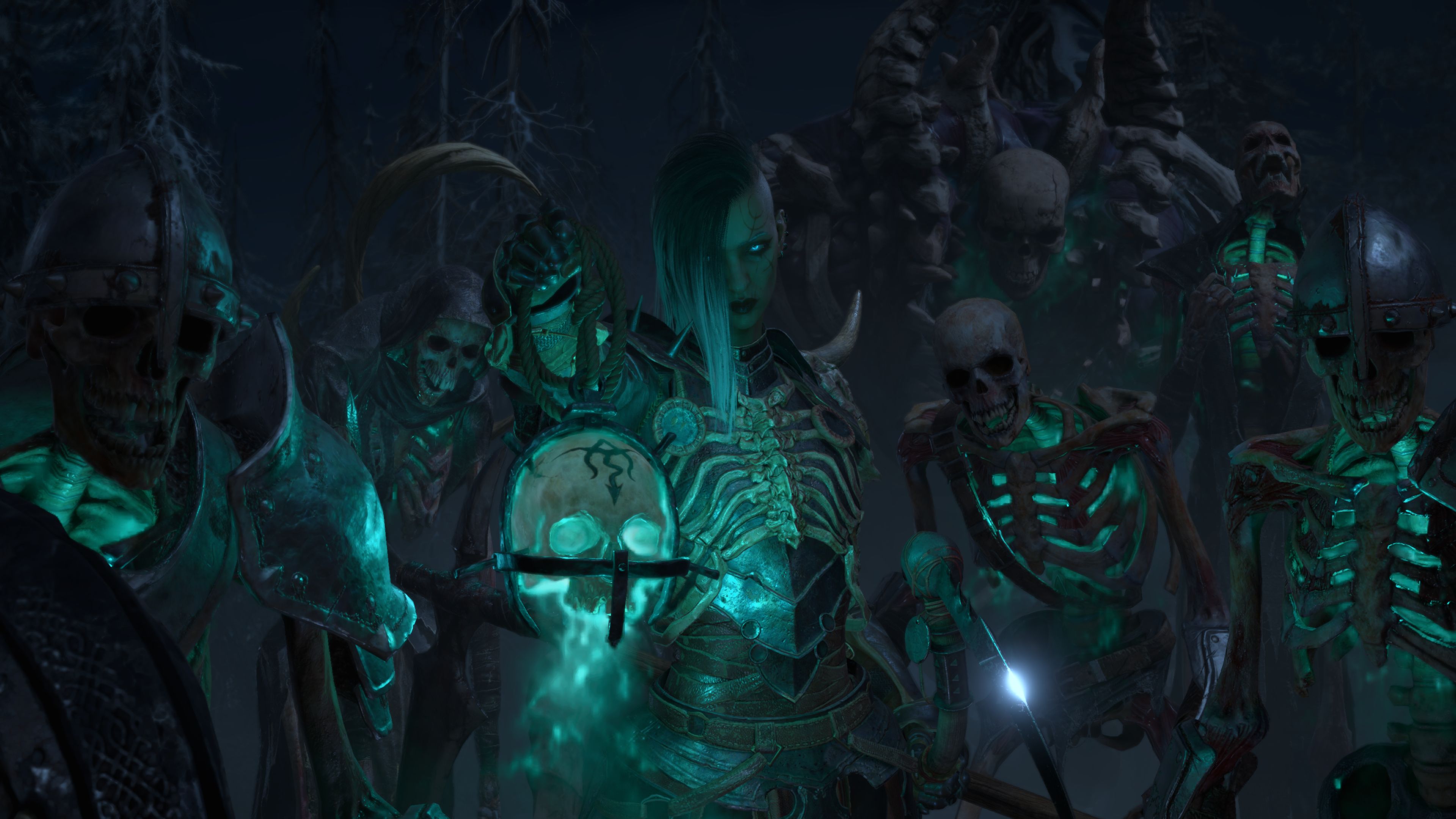 Класс Некромант В Diablo Iv В Окружении Скелетов, Оживляемых Светящимся Голубым Огнем, На Скриншоте Из Ролика
