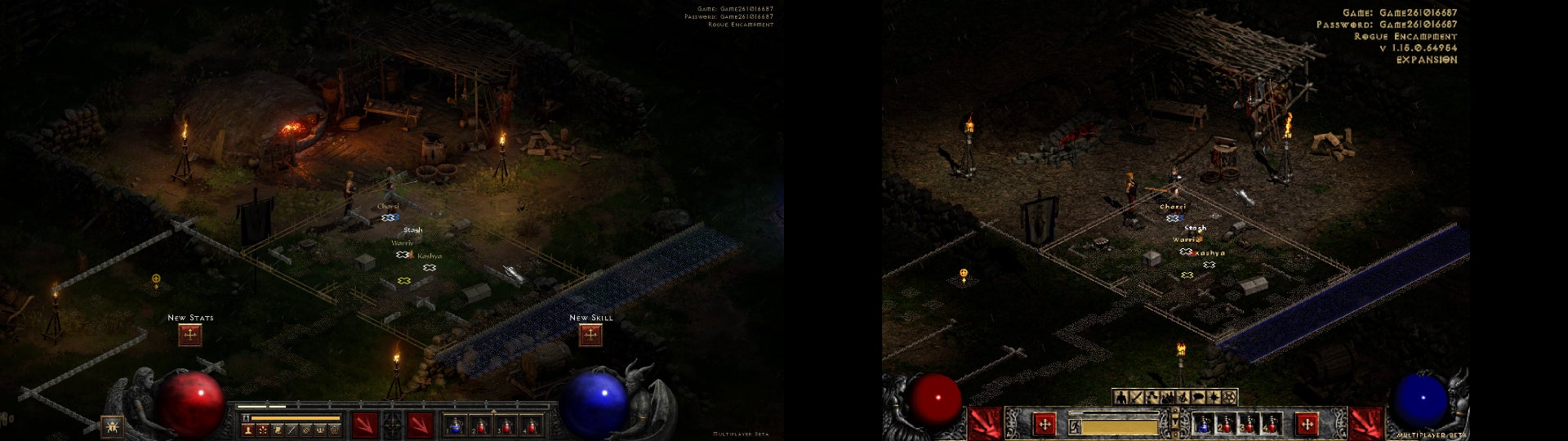 A wide image showing a screenshot of Charsi the blacksmith standing in front of her forge in Diablo II: Resurrected, next to the same scene old version of Diablo II without the enhanced graphics