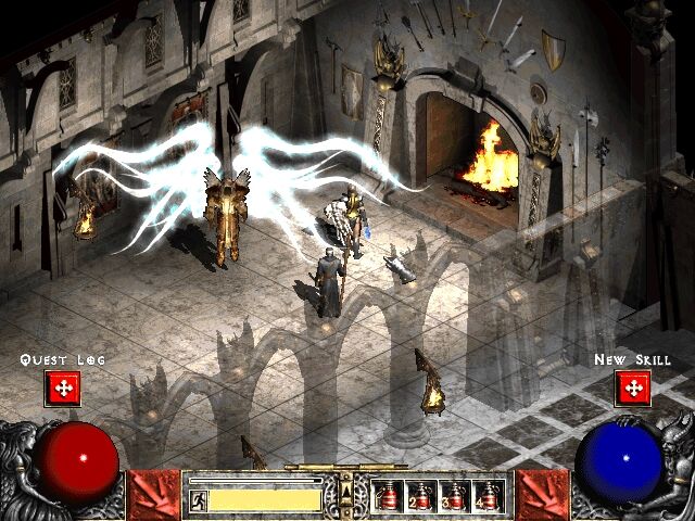 Warriors stand in an ornate hallway in Diablo II