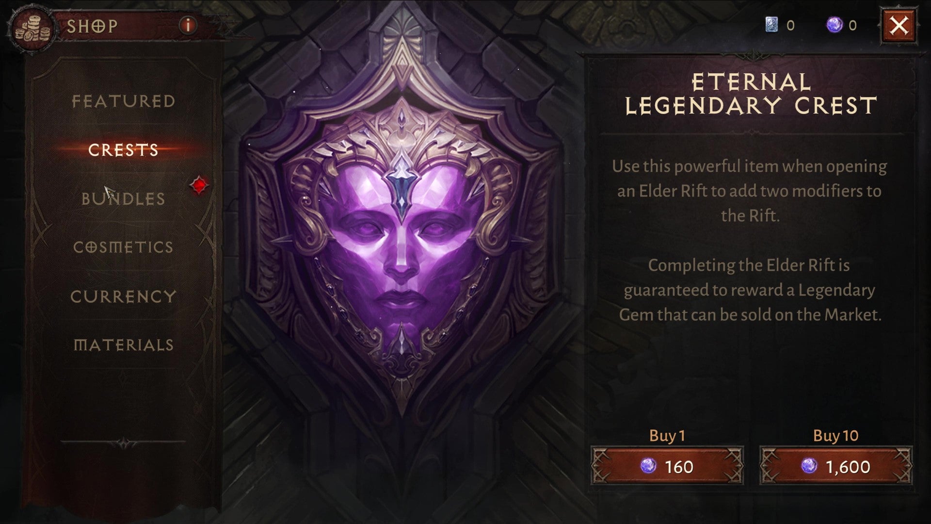 The Crests tab of the in-game store in Diablo Immortal.