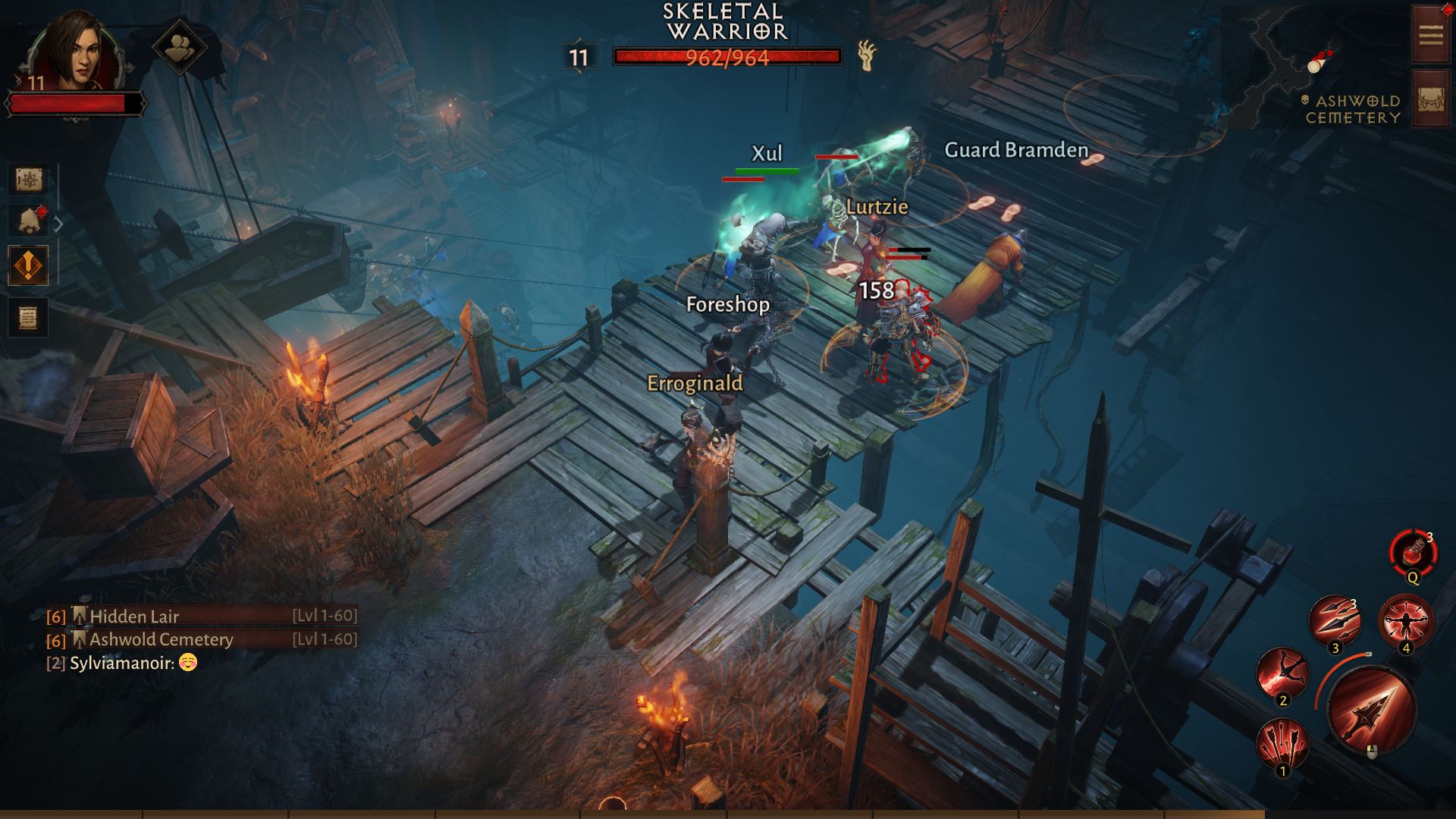 A group of player characters engaged in a fight with some skeletons on a bridge in Diablo Immortal