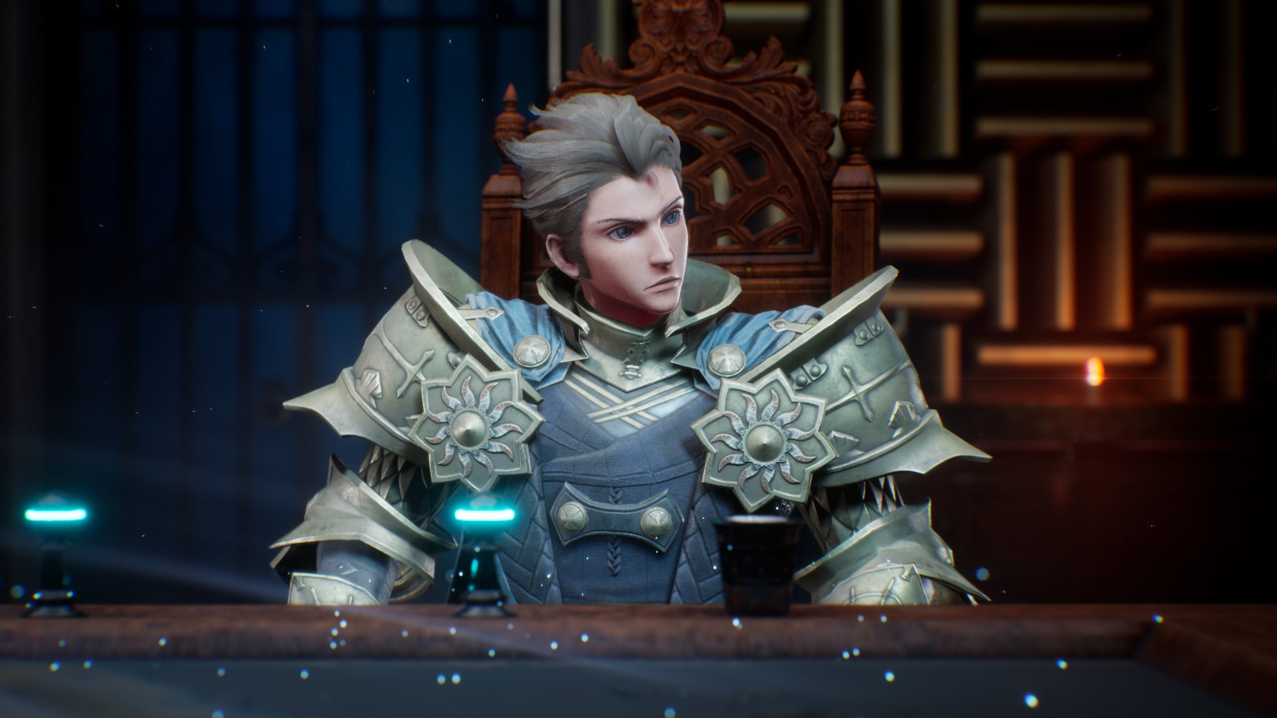 Frederet sits at the war table in The DioField Chronicle.
