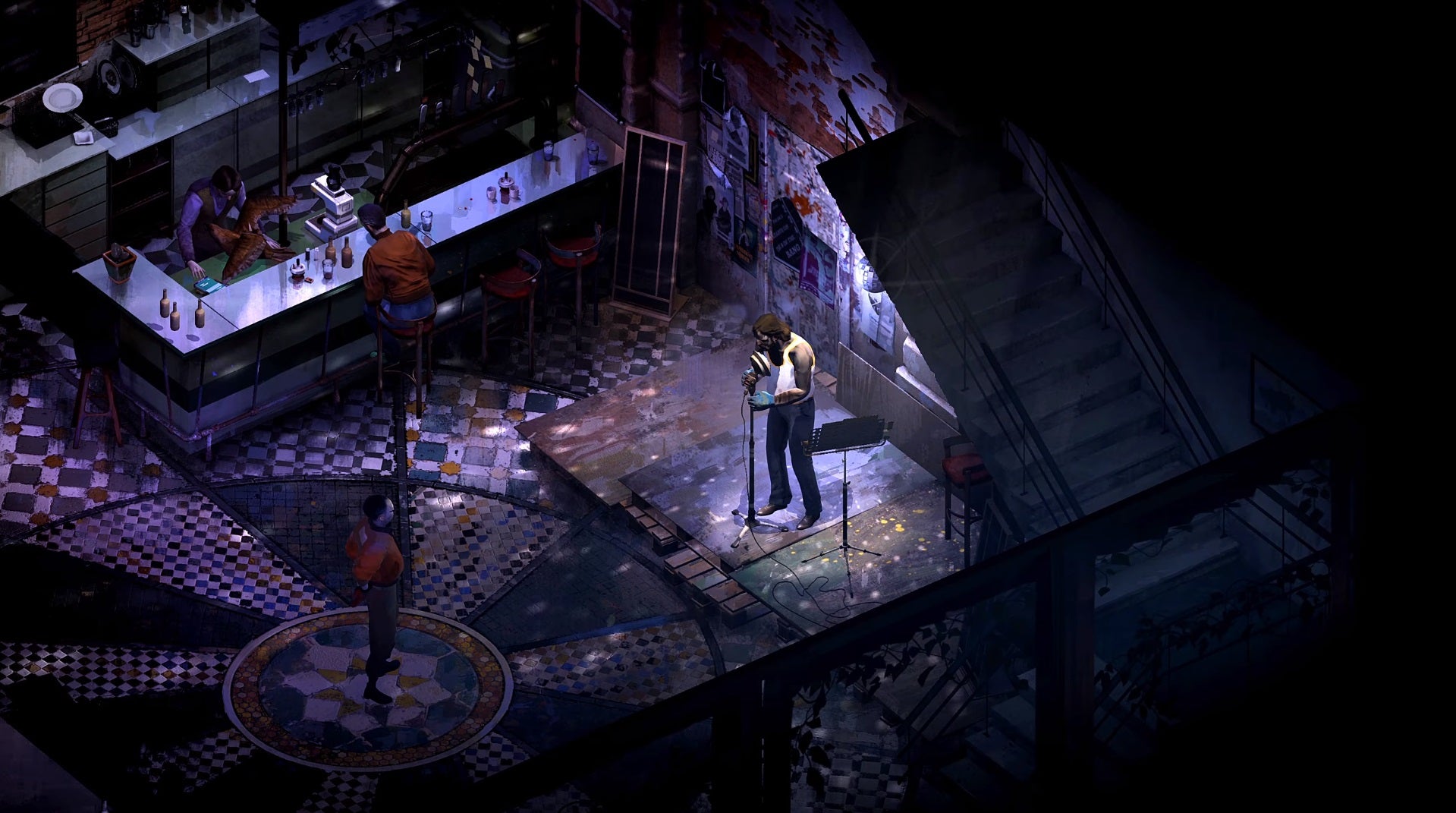 Disco Elysium - The main character singing on a stage beneath a blue light while patrons of the Whirling In Rags bar listen.