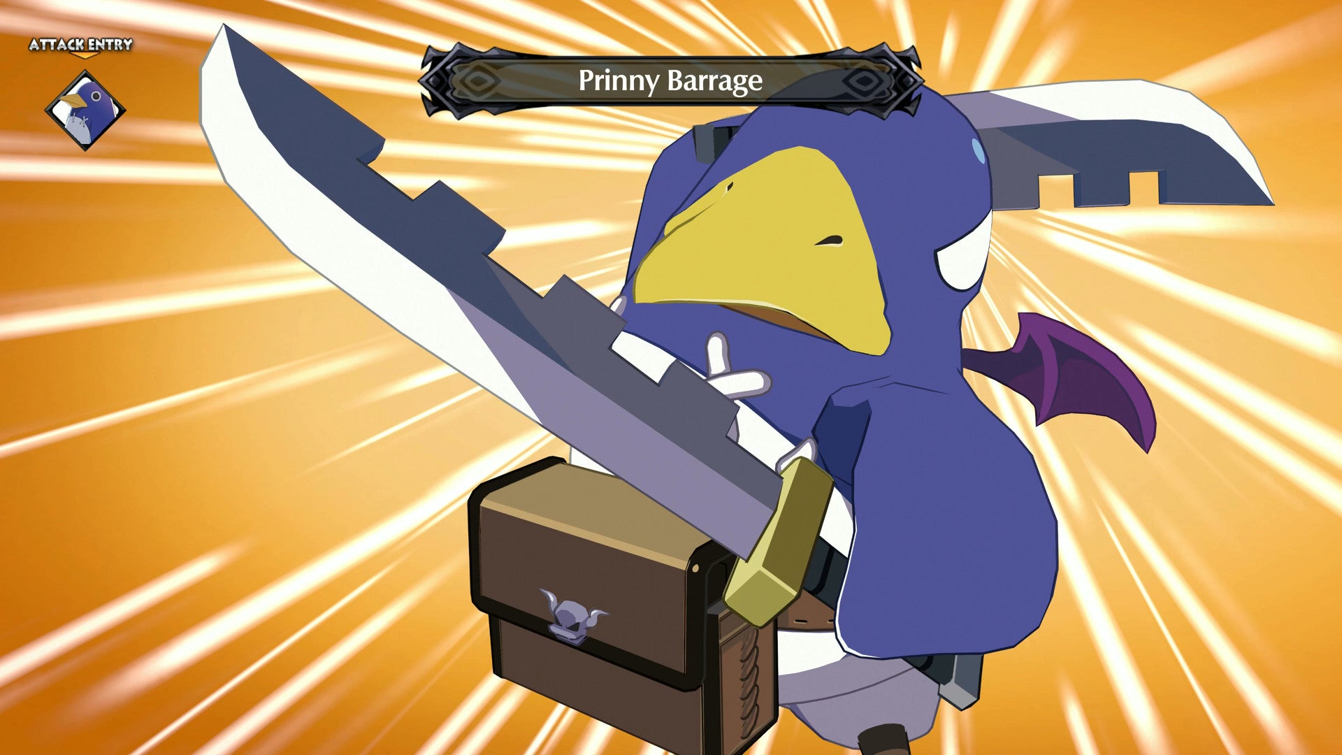 A screenshot of Disgaea 6 Complete showing an angry 3D penguin, making an attack.