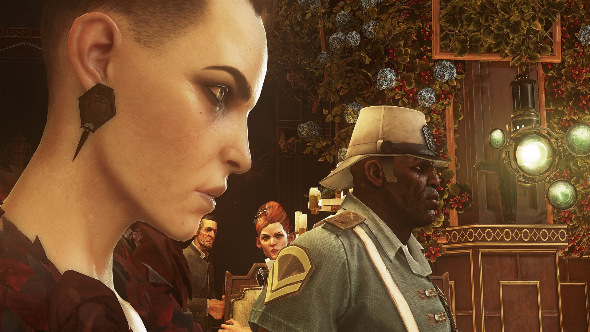 A side-on screenshot of Dishonored 2's villains