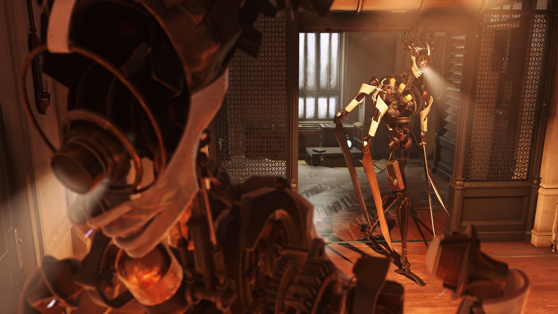 Two automata with blade arms walk into a room in Dishonored: Death Of The Outsider.
