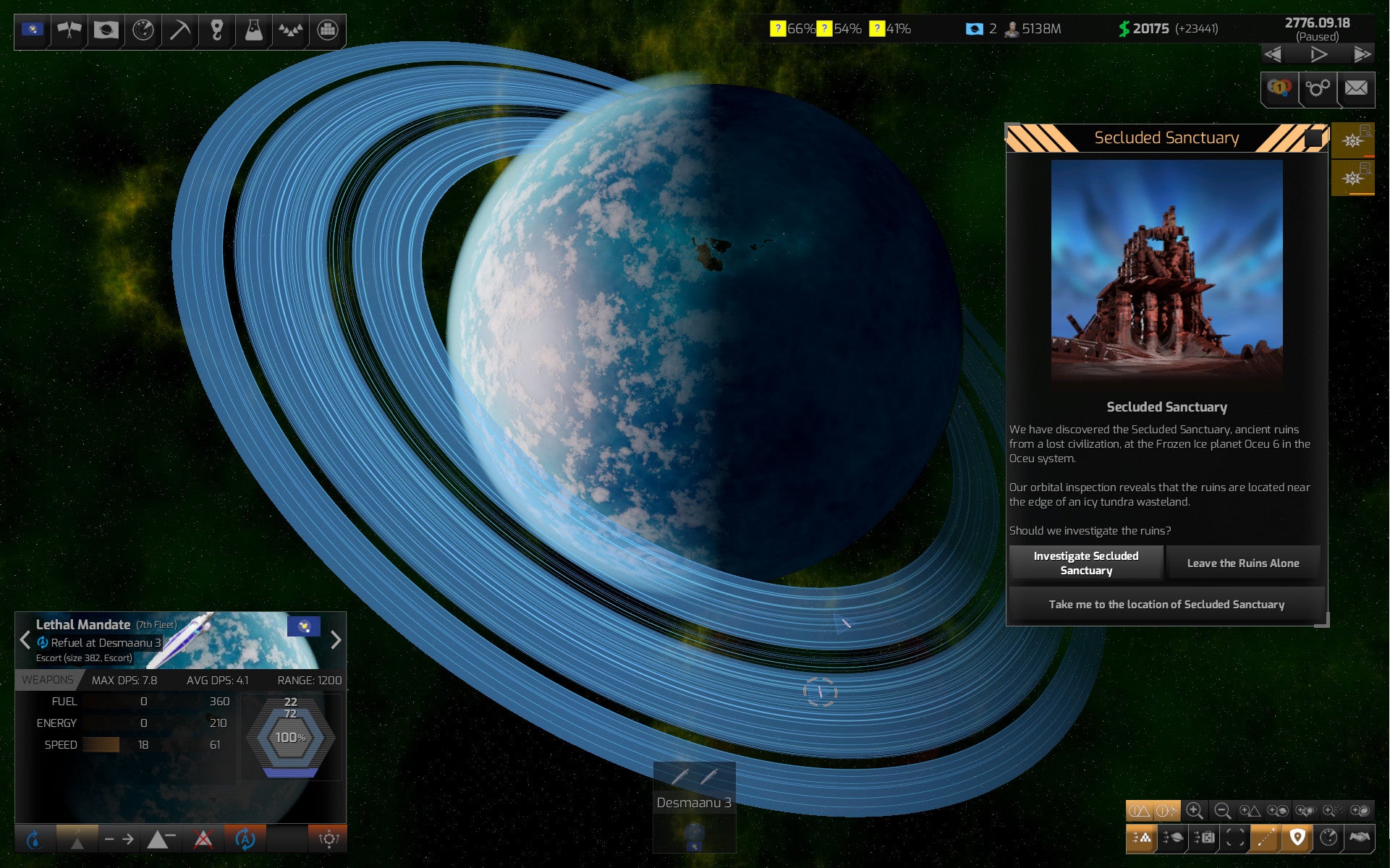 Um grande planeta azul com um anel azul em Distant Worlds 2