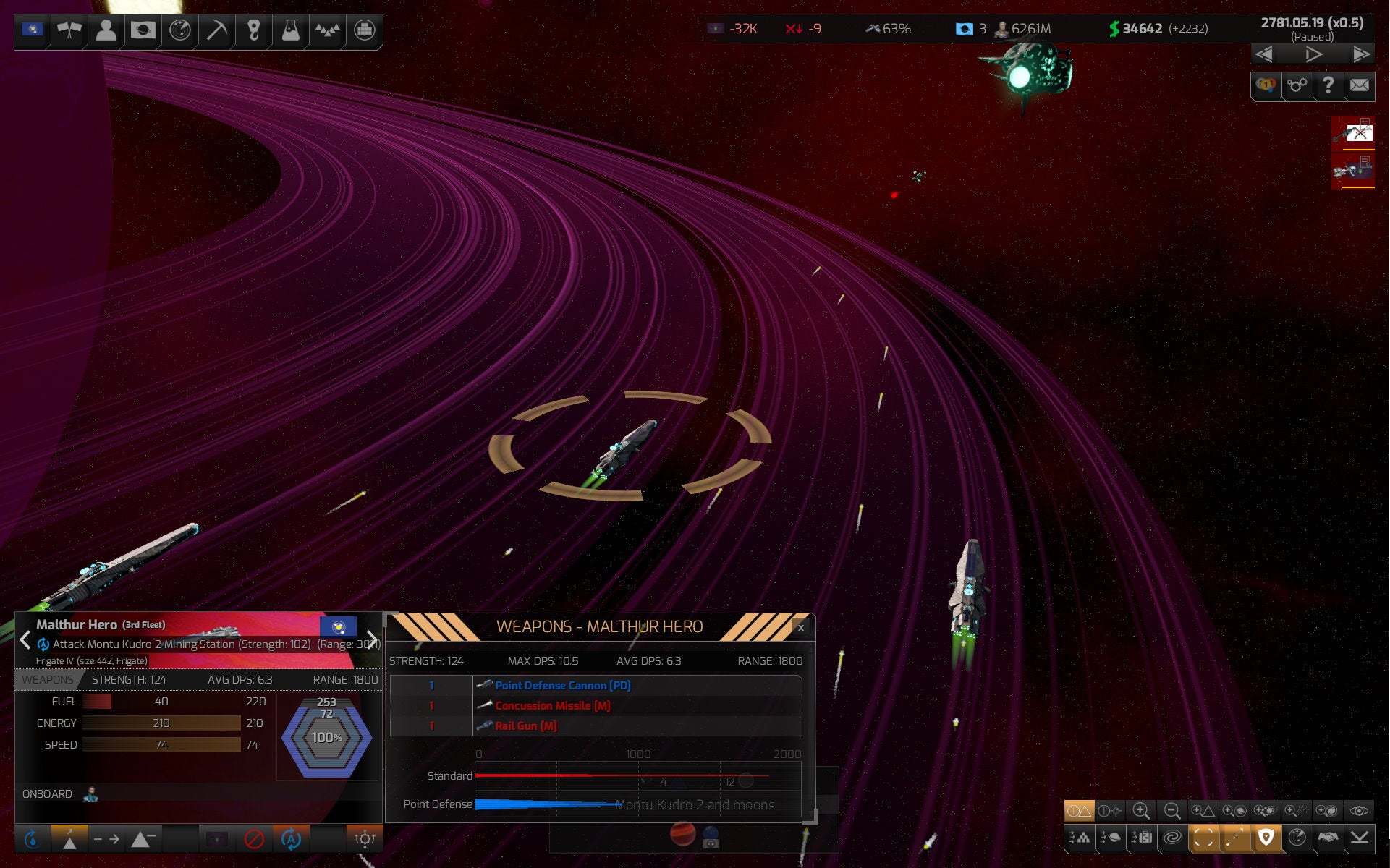 A ship travels across the purple rings of a planet in Distant Worlds 2