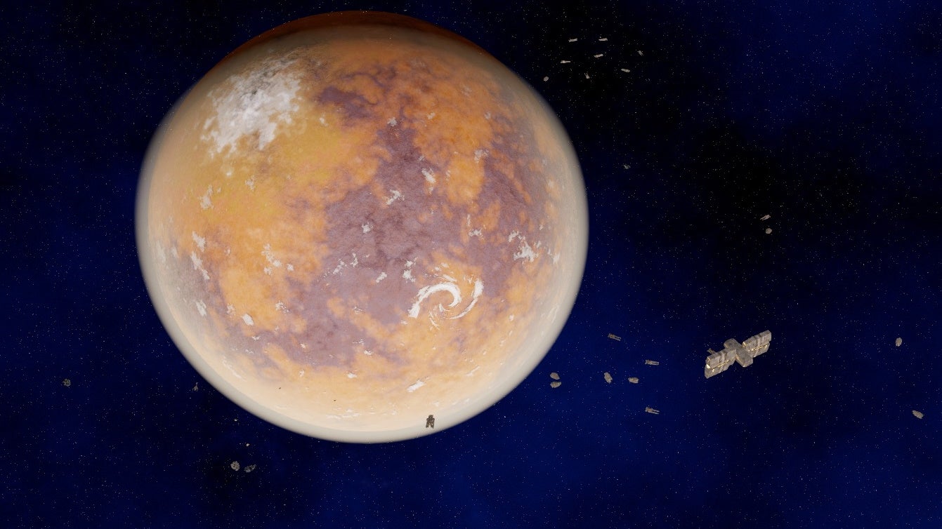 Um grande planeta marrom e laranja cercado por naves em Distant Worlds 2