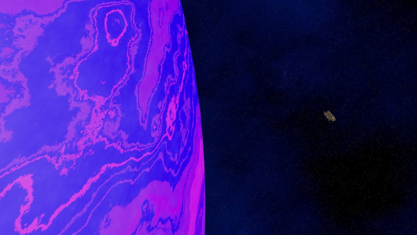 Um close-up de um planeta muito roxo e uma pequena nave espacial em Distant Worlds 2