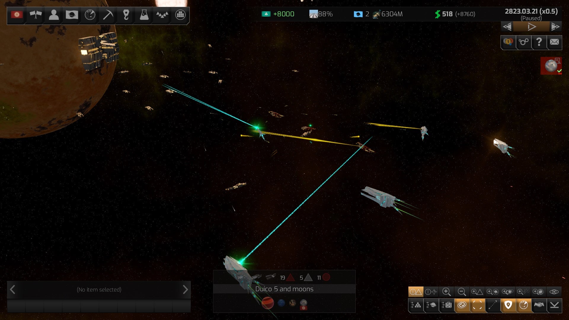 Várias naves disparam umas contra as outras em Distant Worlds 2