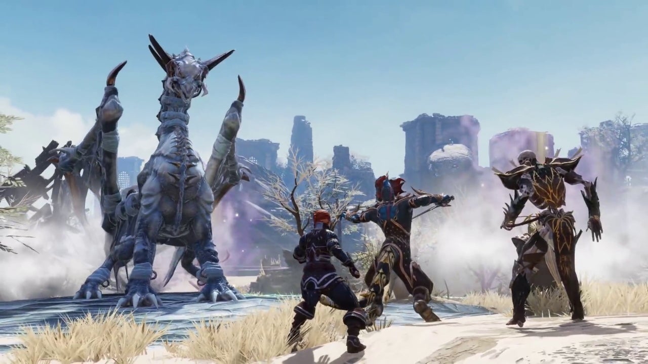 A group of players fight an ice dragon in a ruined plain in Divinity: Original Sin 2