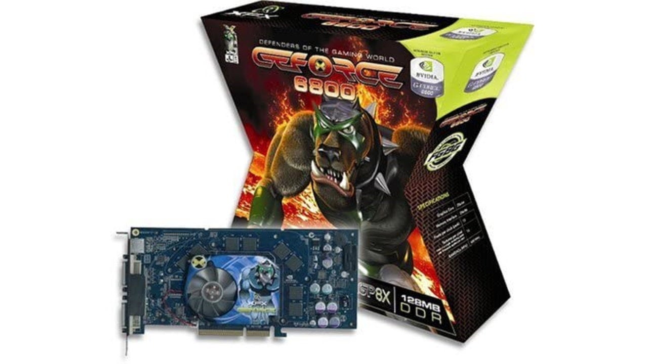 A cross-shaped graphics card box for an Nvidia GeForce 6800 with a mean looking dog on the front