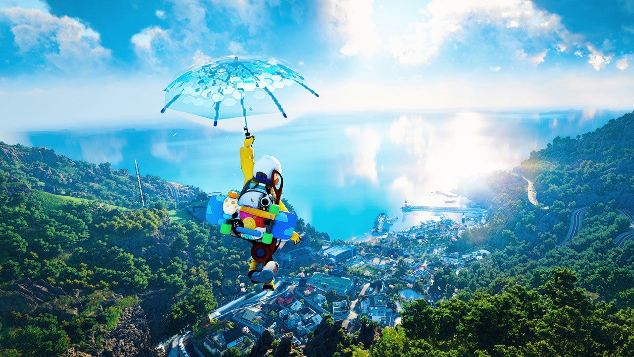 The player glides across DokeV's world on an umbrella.