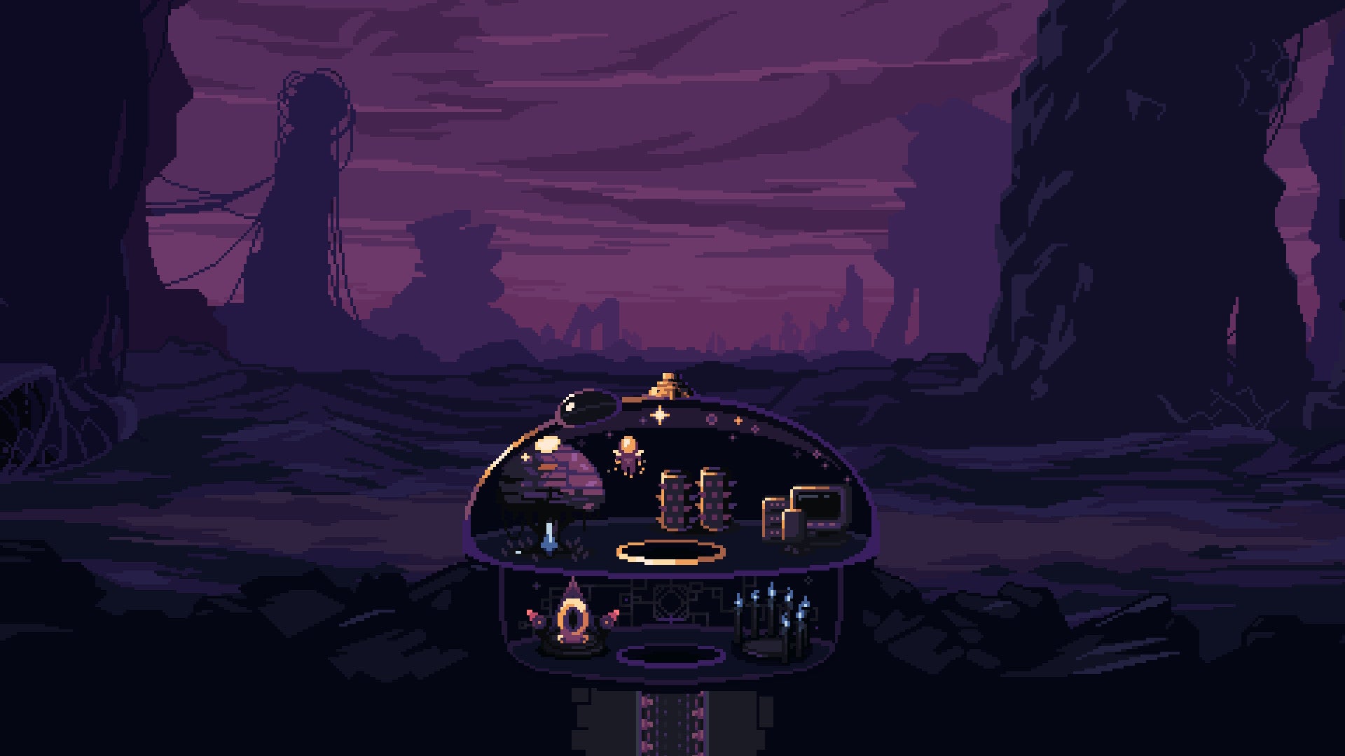 Pemain mengapung di sekitar kubah mereka di Dome Keeper, dikelilingi oleh lanskap alien ungu.