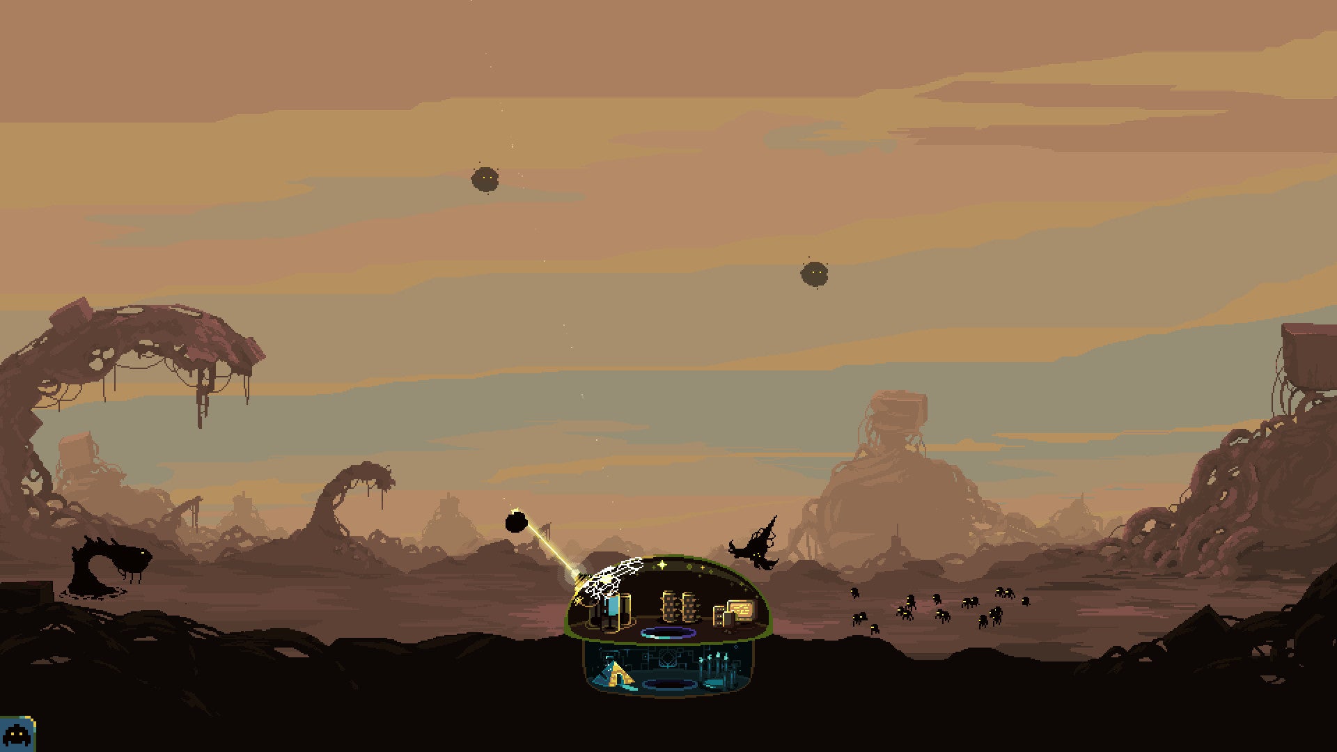 A plethora of land and flying aliens attack the player's dome in Dome Keeper.