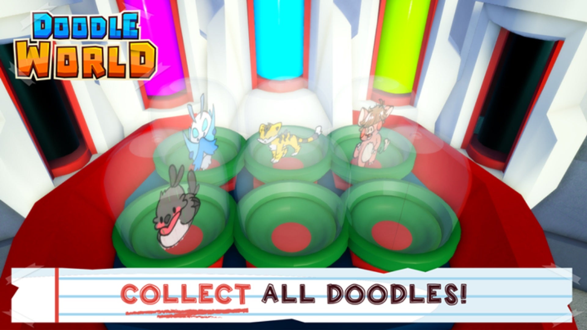 One of the banners for Doodle World as featured on the Roblox platform, showing four animal-like Doodles in their gachapon capsules and the tag line "Collect All Doodles!"