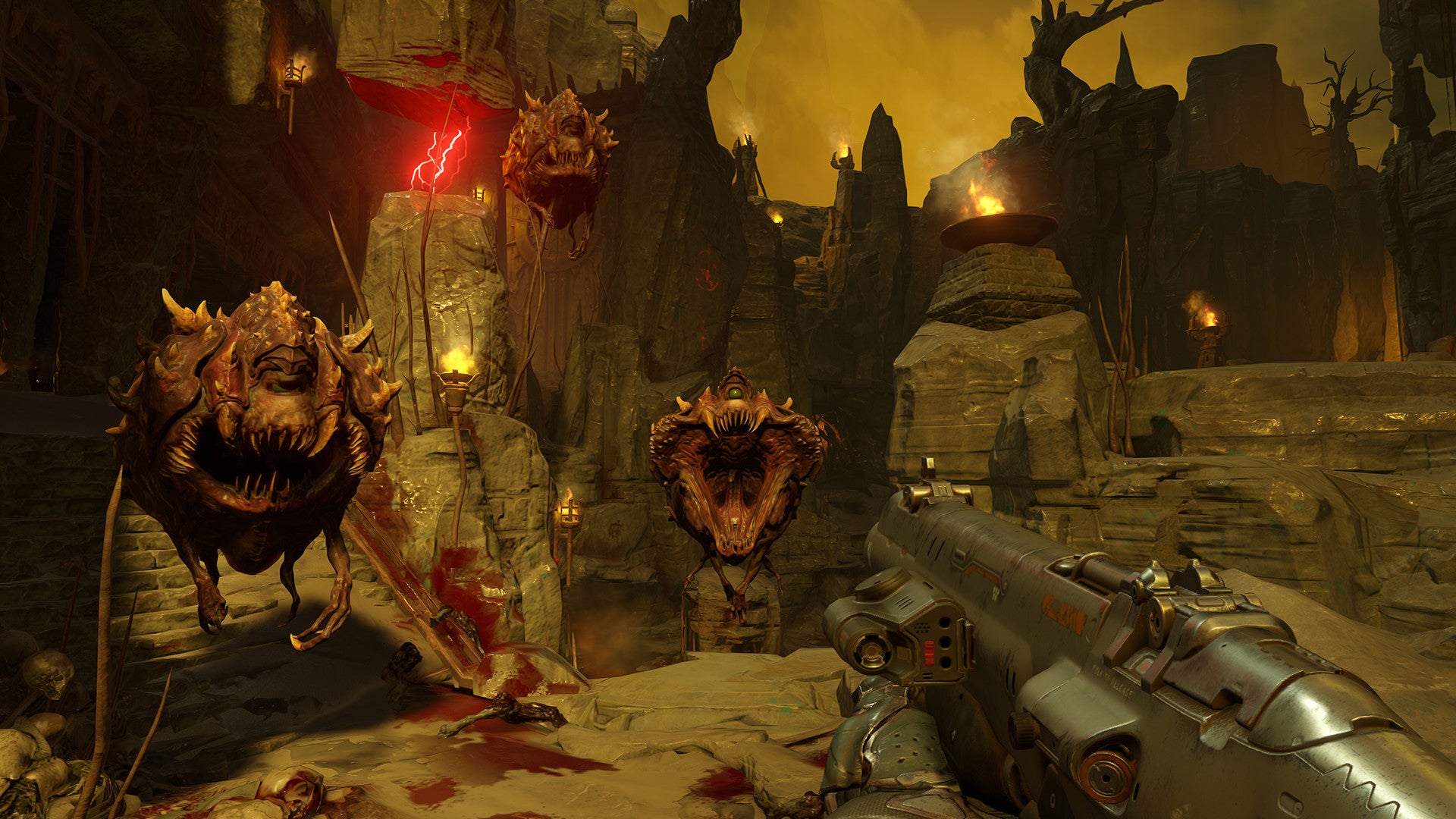 An image from Doom 2016 which shows the player aiming a shotgun at three floating horrors.