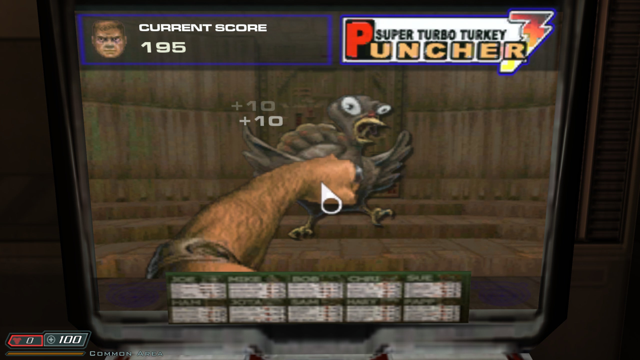 Punching a turkey in Doom 3's Super Turbo Turkey Puncher 3.