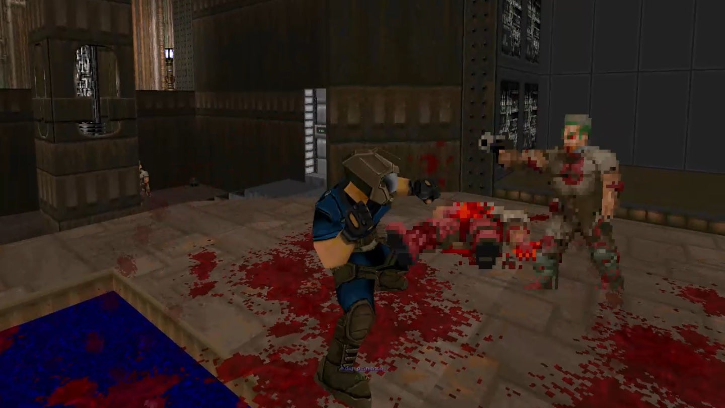 Doom II mod - Doom Fighters - In third person, the Doom Slayer punches an enemy, spraying blood everywhere.