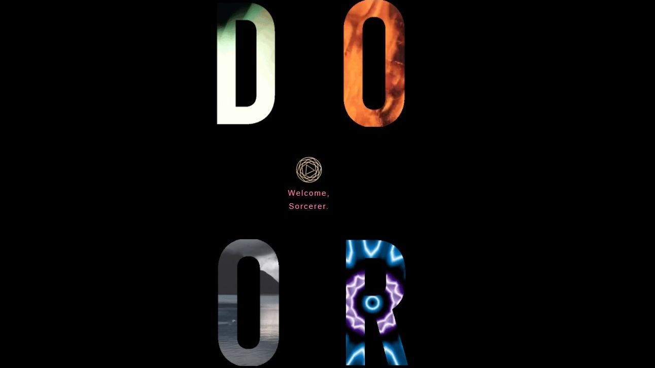 The logo for Benji Bright's text game Doors, the capital letters D, O, O and R arranged in a square, each animated with a different elemental effect.