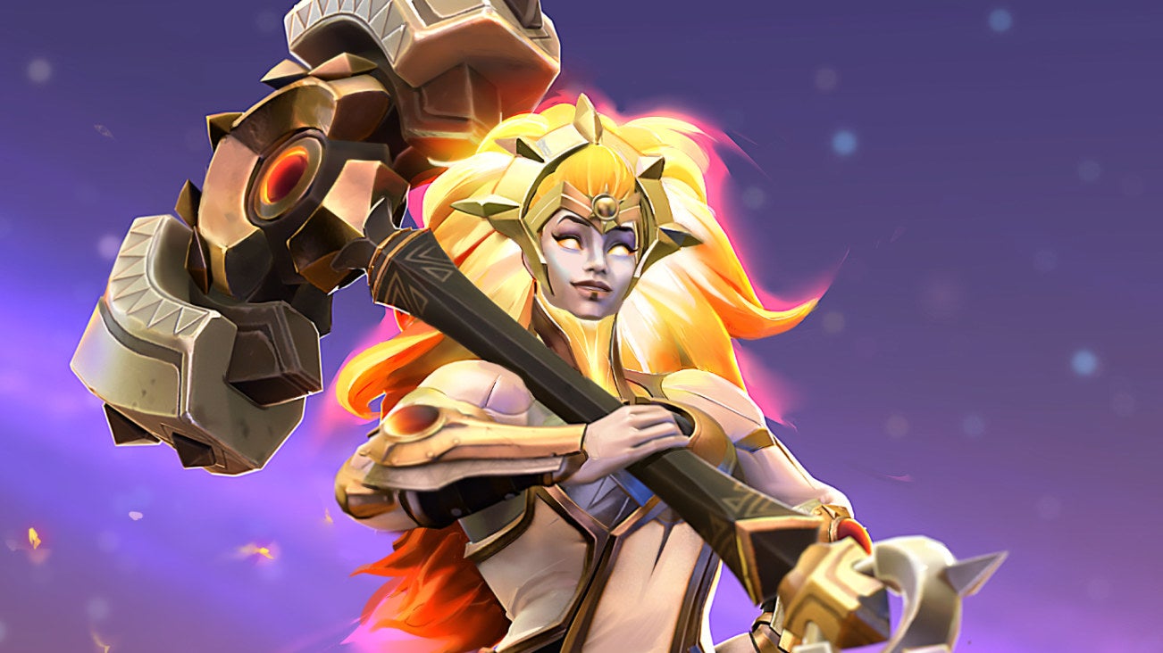Dota 2's Dawnbreaker poses with her giant hammer in a wallpaper.