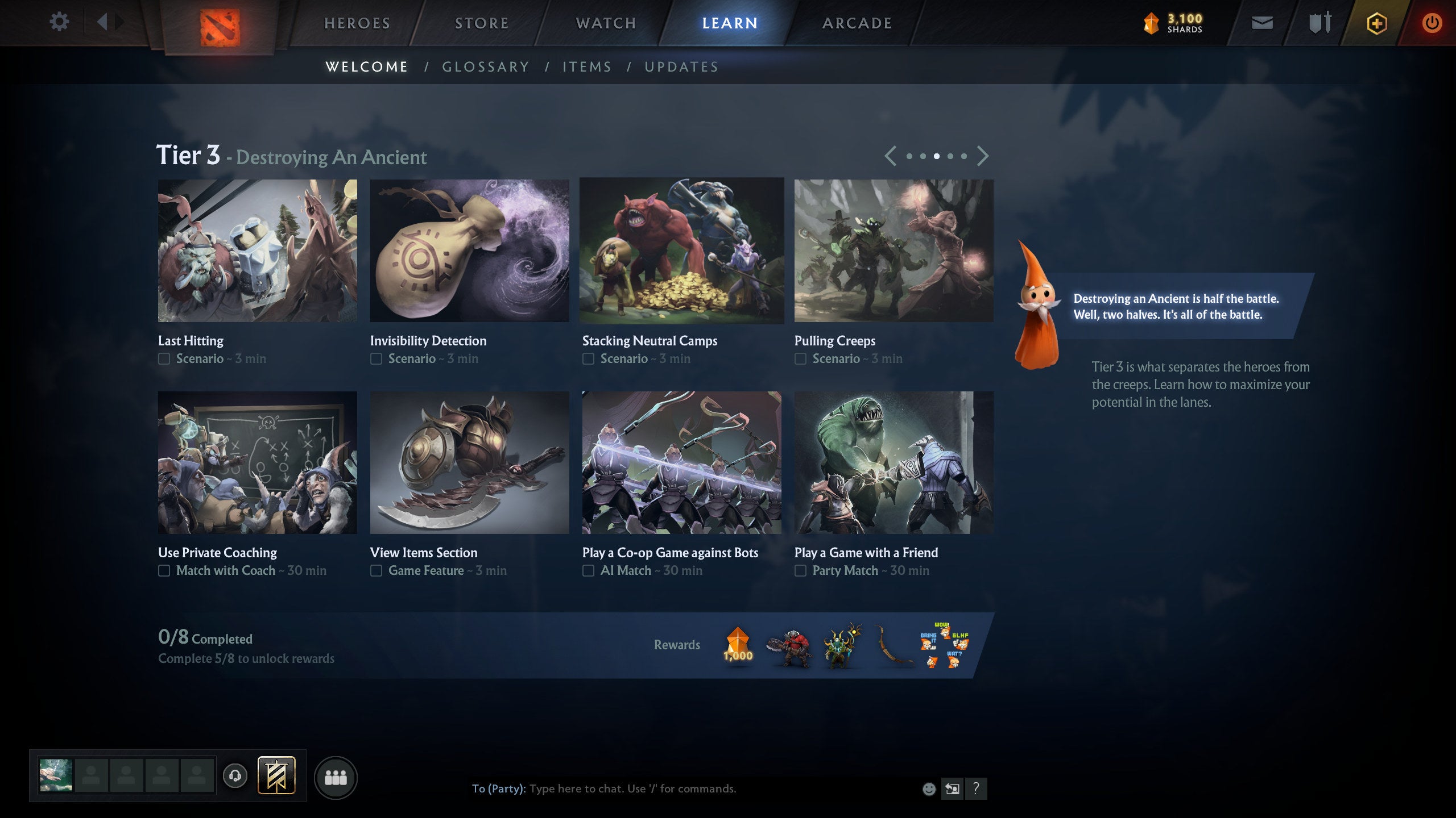 A Dota 2 screenshot showing a selection of the new tutorials.