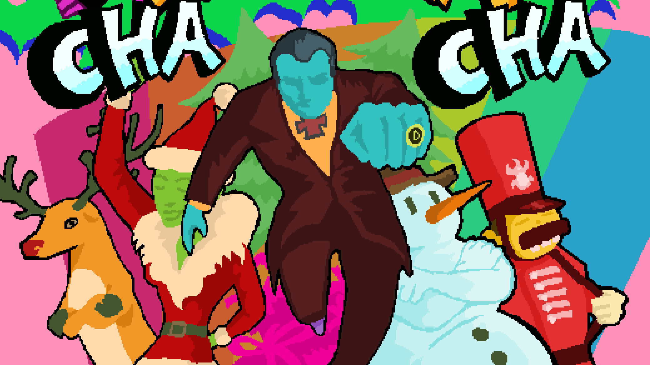 Dracula strikes a punchy pose surrounded by Christmas foes on the title screen art for Dracula Cha Cha.