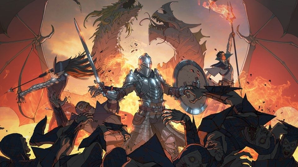 A group of medieval heroes fight dragons and darkspawn in some Dragon Age art.