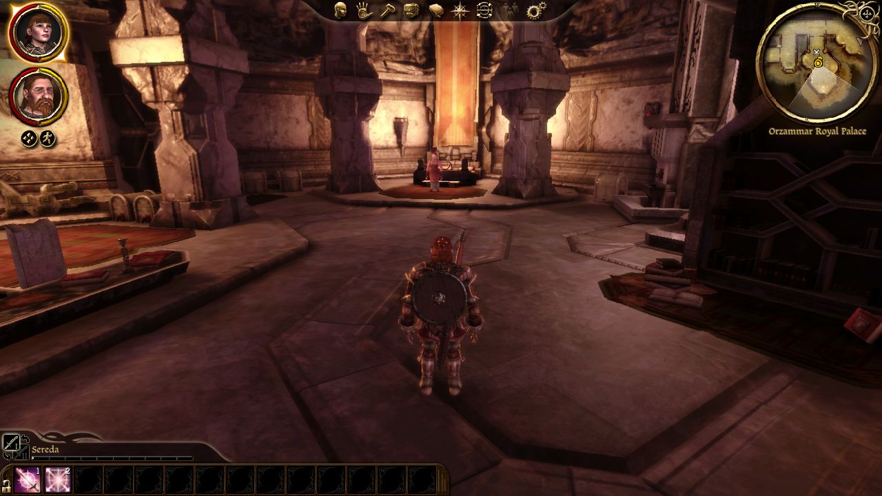 A close up third person view of playing a dwarf noble in Dragon Age: Origins, looking out at a room in an undergound palace