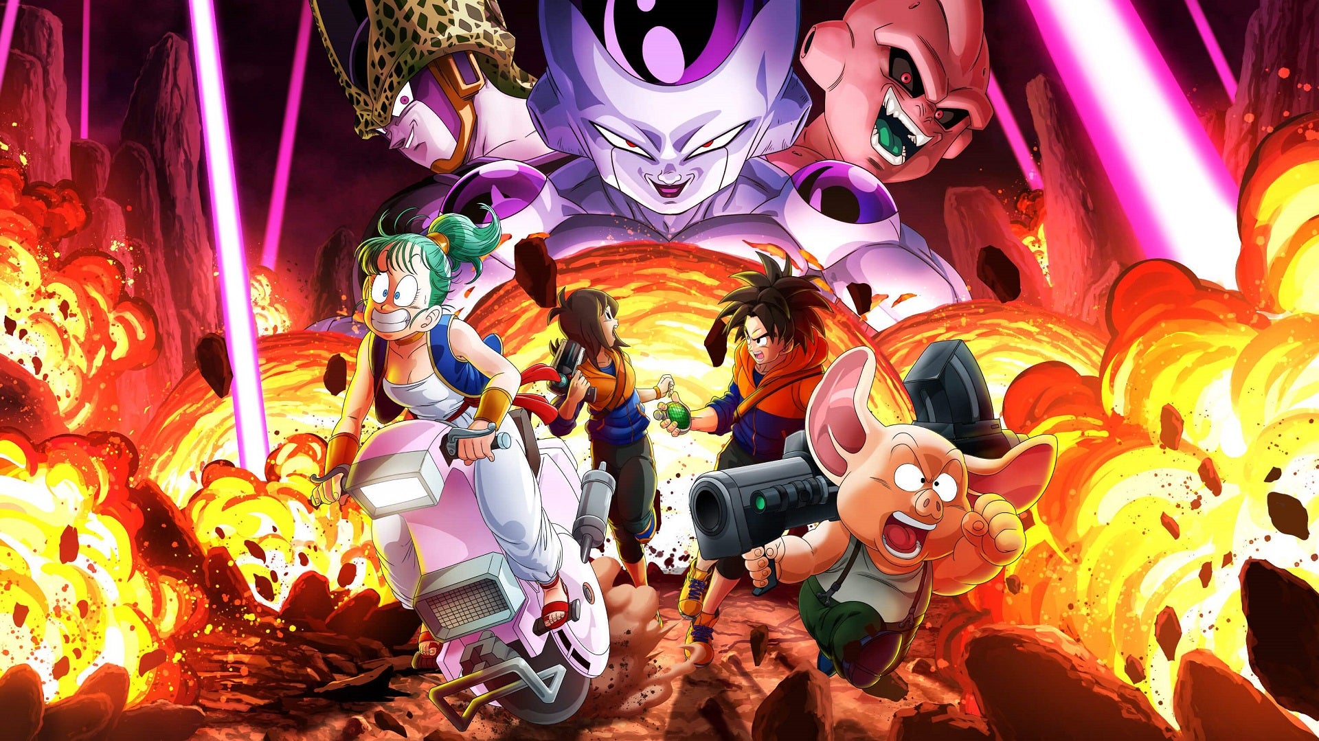 Key art for Dragon Ball: The Breakers featuring a handful of survivors running away from Buu, Cell and Frieza.