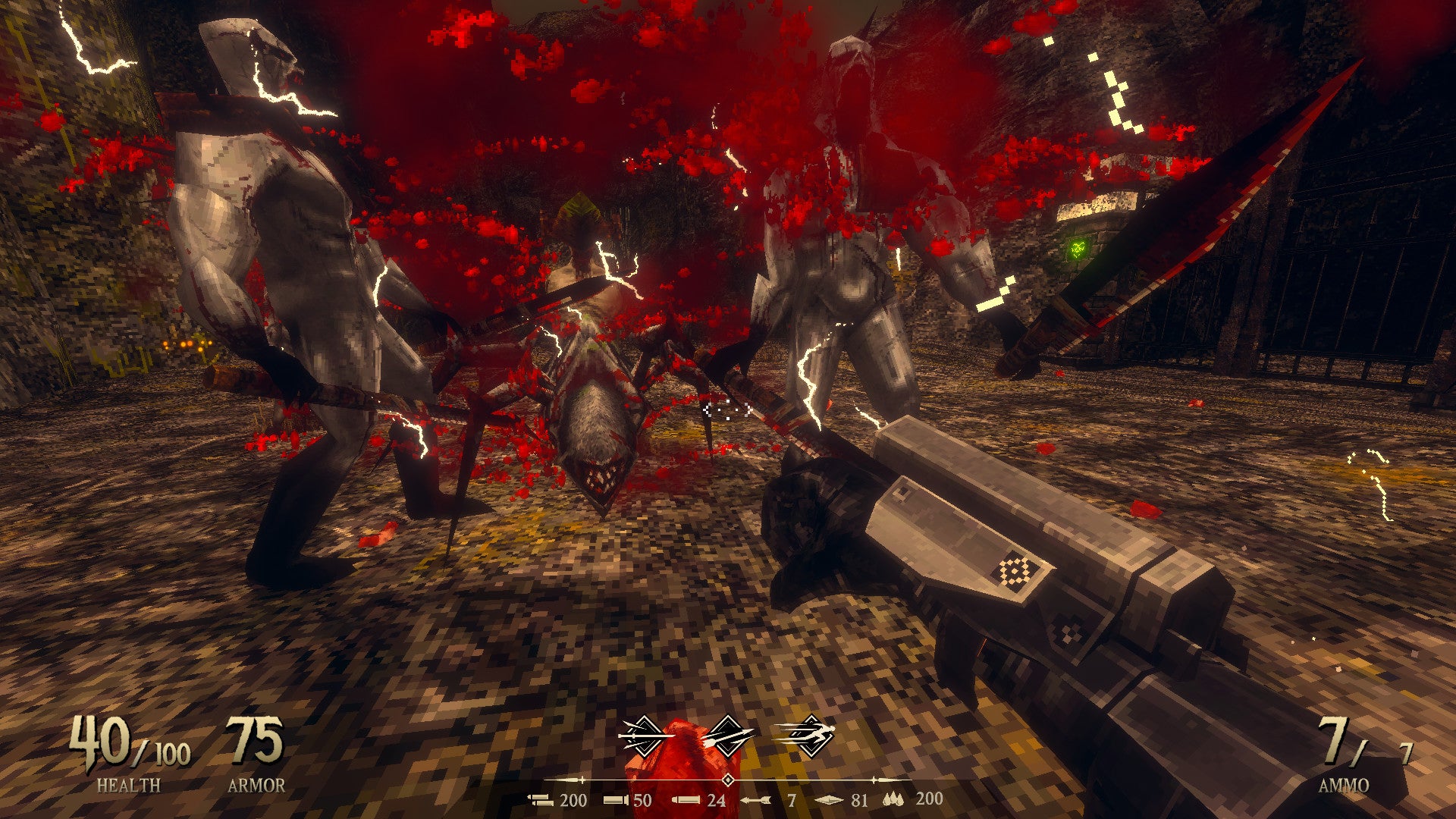 A screenshot of Dread Templar, a Quake-like FPS showing some zombies and a demon spider spraying blood while being shot by the player.