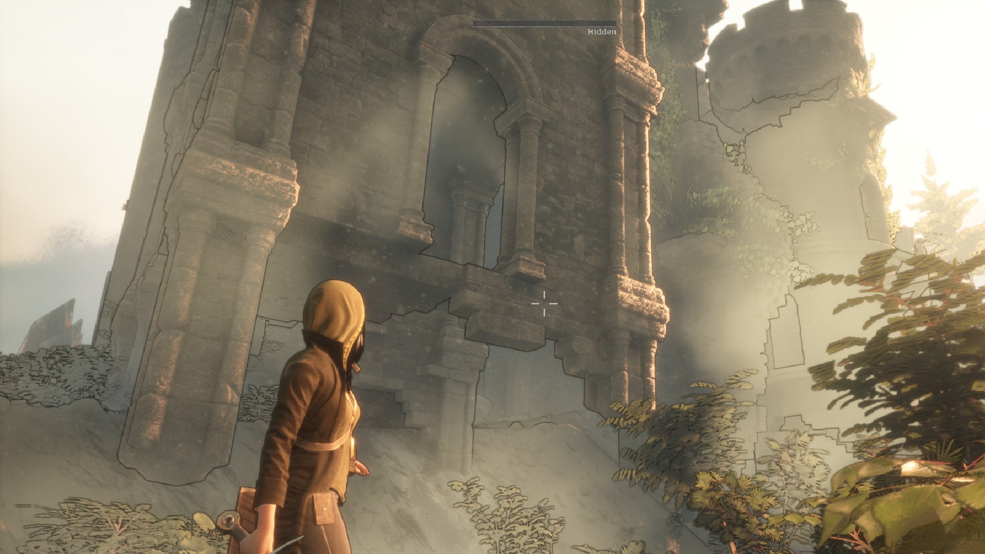 Morgan stands next to a towering structure in Dream Cycle.