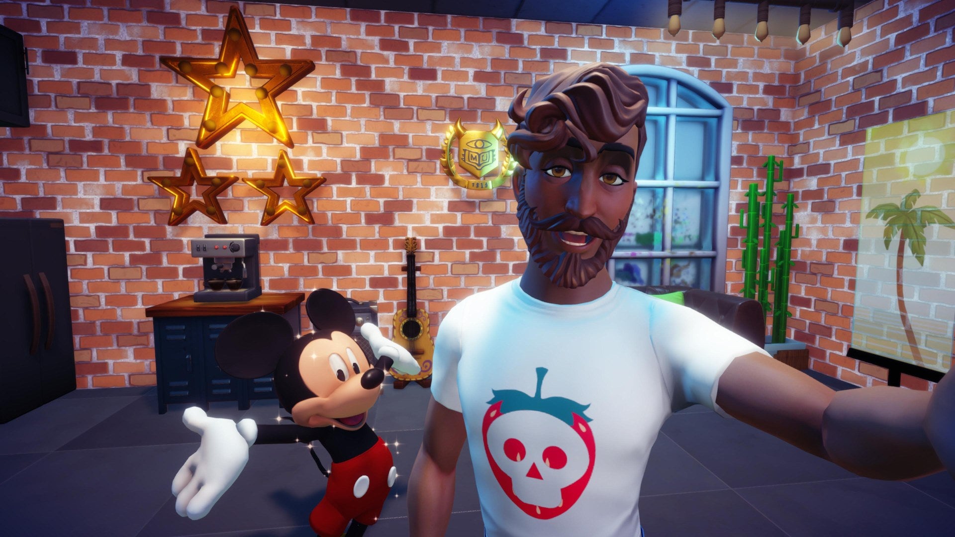 A custom avatar poses in front of Mickey Mouse in Disney Dreamlight Valley's free character creator.