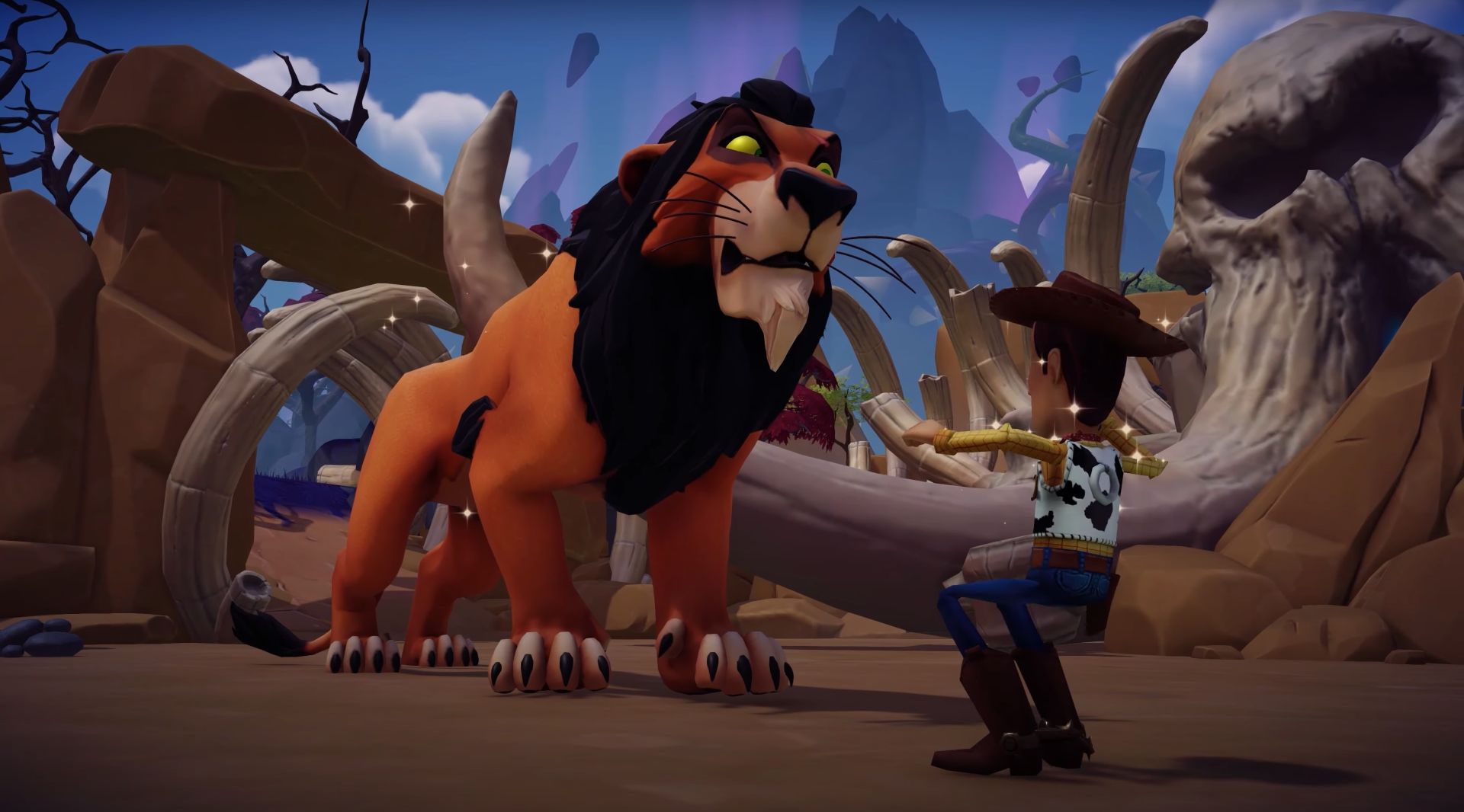 Woody from Toy Story meets Scar the kingslayer from The Lion King in Disney Dreamlight Valley.