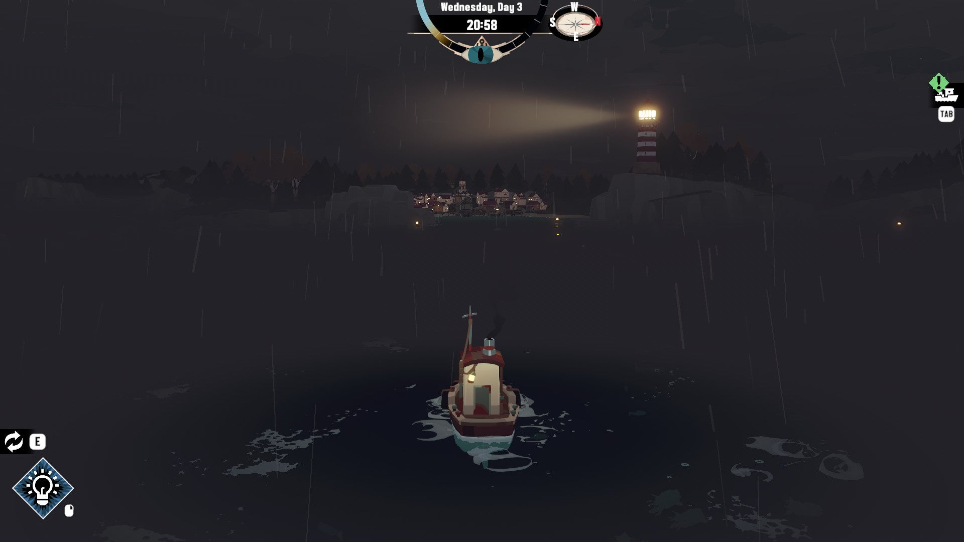 A Dredge screenshot showing a little tugboat sailing at nighttime through a thick fog.