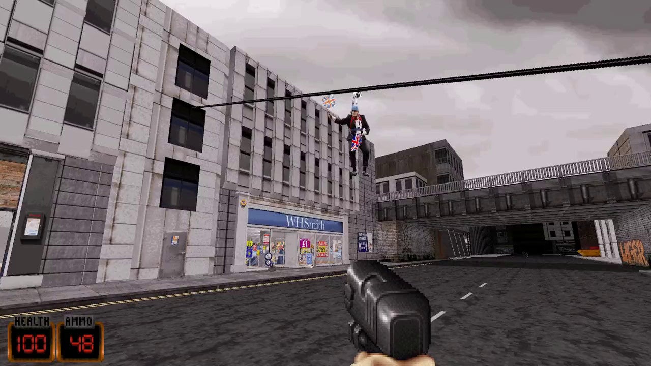 Boris Johnson dangles from a zipline waving union flags in a screenshot from the Duke Nukem 3D custom level, Duke Smoochem.