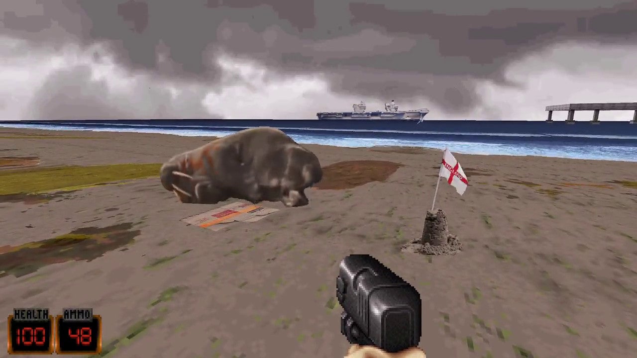 Thor the walrus pleasures himself on a sewage-smothered beach in Duke Smoochem 3D, a custom level for Duke Nukem 3D.
