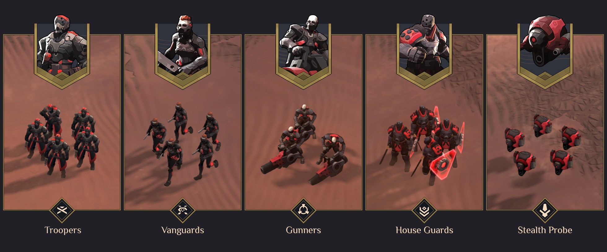 The different Harkonnen military units from Dune: Spice Wars