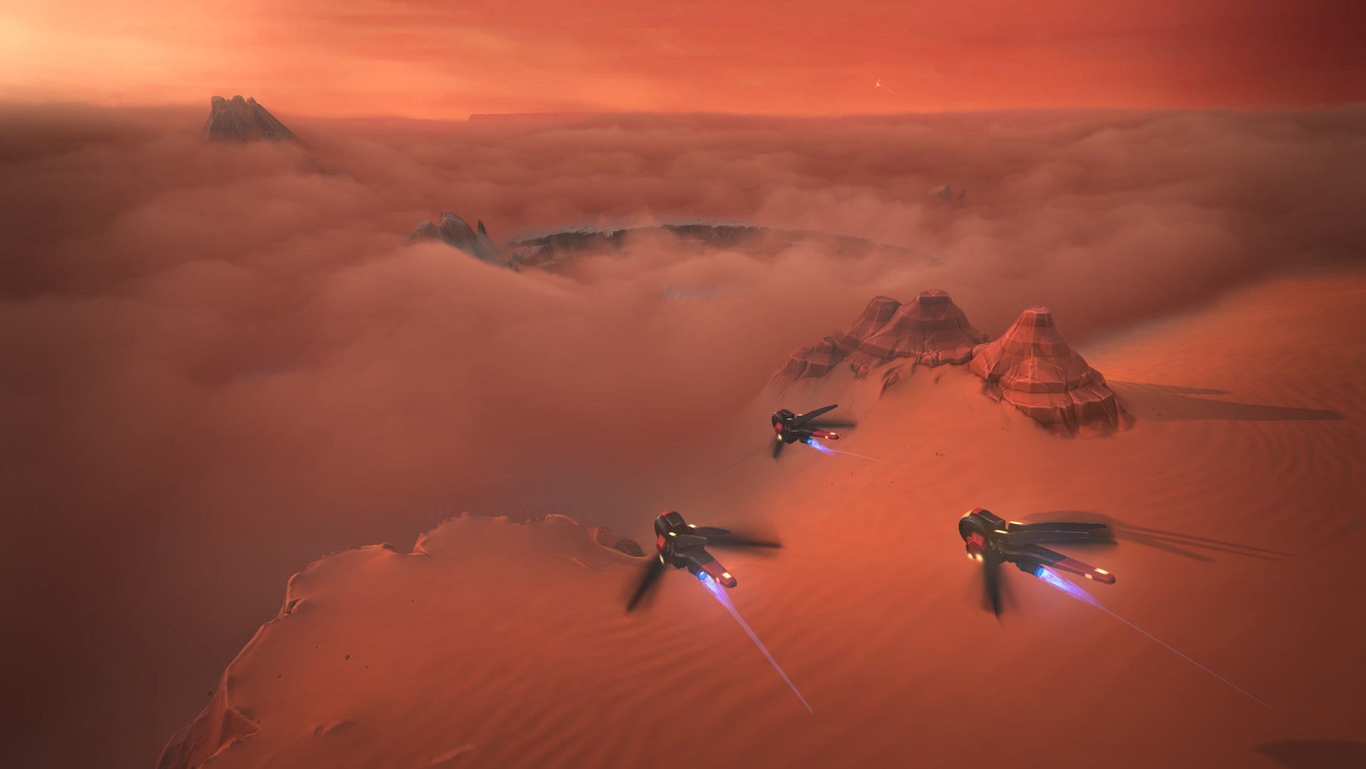 A group of ornithopters fly over the dunes in Dune: Spice Wars
